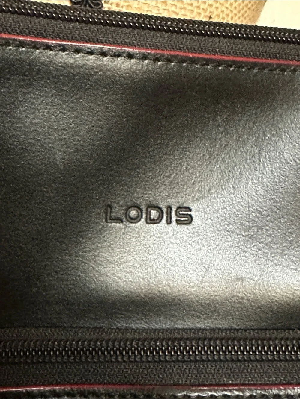 Lodis Black Leather Tote Bag with Red Trim